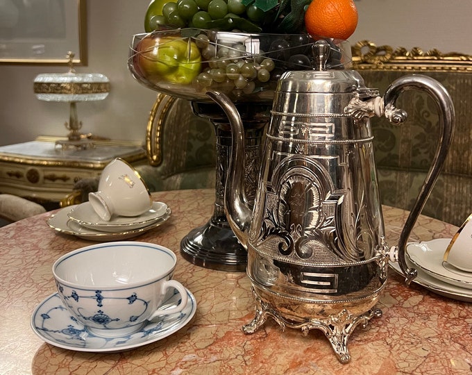 Dated 1889 Antique Victorian style engraved, silver plate coffee pot / jug. Collectible