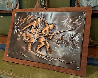 VTG Viking "Ski Warriors" wall hanging plate, copper on teak, Retro mid-century modern NORDIC design