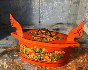 1940/50s Vintage Norwegian Rosemaling Tine box "Norge" folkart folk art from Norway farmhouse cabin country style