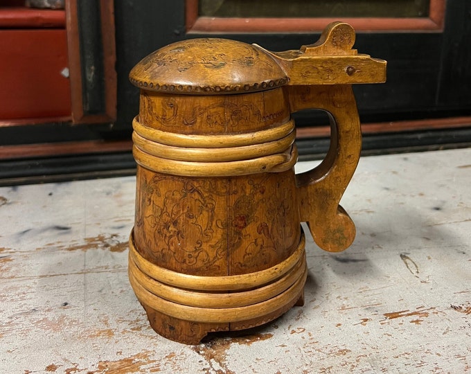 Antique Norwegian jug / tankard folkart, detailed scorched rosemaling pattern, country / farmhouse style, Christmas gift