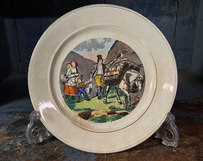 1800s Antique Egersund Norway wall hanging plate / kitchen decor "Norwegian Nomads on the move" ceramic/stoneware/faience, RARE collectible