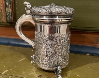 Vintage Solid Silver jug / tankard with handcrafted motifs and lion figurs,835s, folkart, collectible