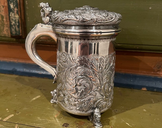 Vintage Solid Silver jug / tankard with handcrafted motifs and lion figurs,835s, folkart, collectible