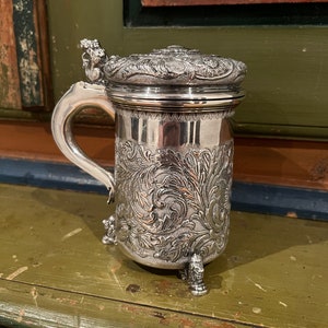 Vintage Solid Silver jug / tankard with handcrafted motifs and lion figurs,835s, folkart, collectible