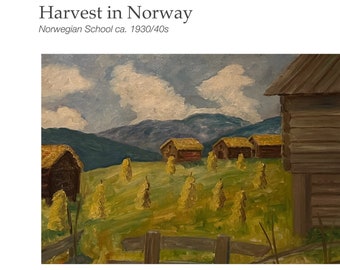 Norwegian Oil painting "Harvest in Norway",traditional Norwegian/Scandinavian national romance art ca. 1930/40s, oil on canvas.