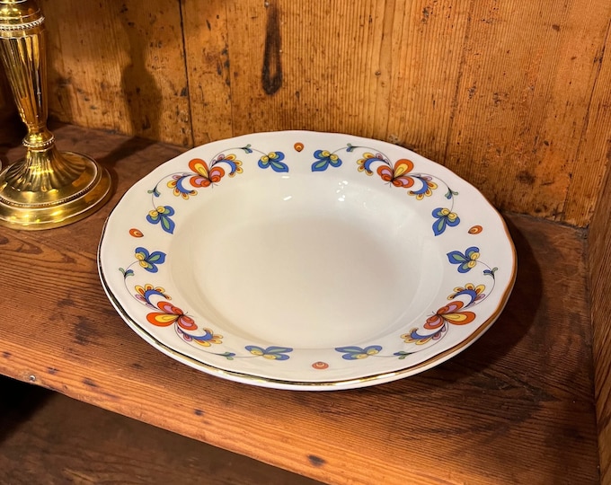 Vintage Norwegian PP-FARMERS ROSE cereal bowl/Soup Plate, Dessert/groat/porridge bowl with Gold rim, Norwegian design farmhouse style