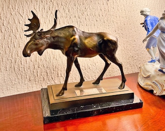 1980s' Norwegian Moose sculpture in bronze, solid silver and marble, Scandinavian art, Collectible