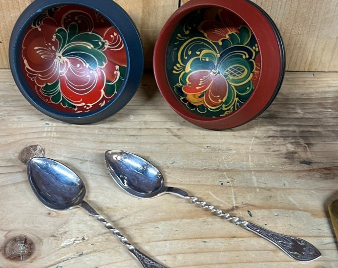 Antique 1900 silver spoon and Norwegian Rosemaling Salt and Pepper Pot Set folkart perfect for country style house and modern kitchen