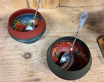 Antique 1896 silver spoon and Norwegian Rosemaling Salt and Pepper Pot Set folkart perfect for country style house and modern kitchen