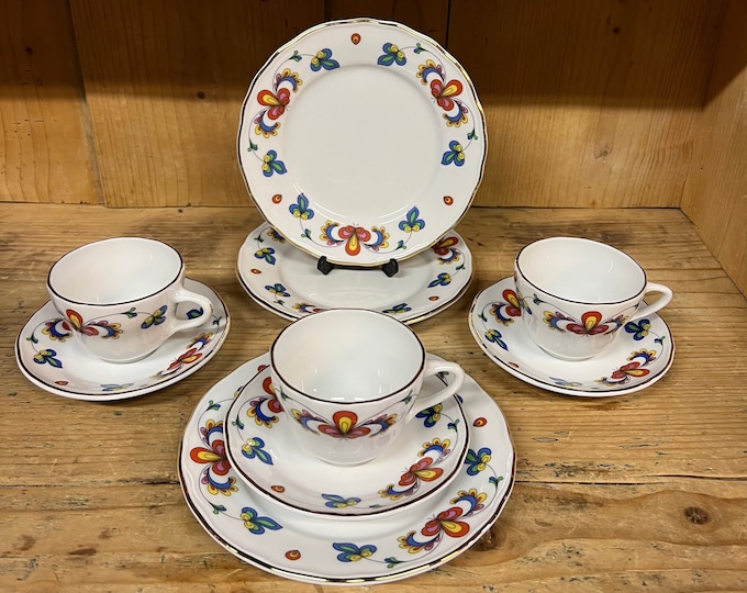11 SOLD! Vintage 1990's Norwegian Porsgrund Farmers Rose coffee/ tea/ breakfast set, Nordic Pattern
