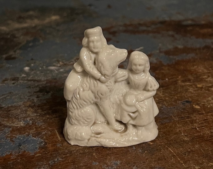 1800s antique mini figurine, porcelain group, sculpture  "Friends", collectible home decor. Rustic