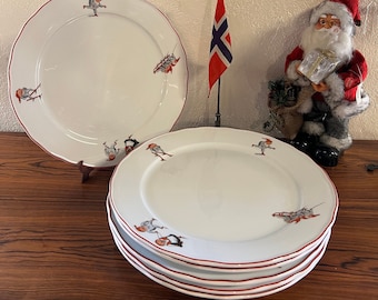 RARE 1990s Nisse serving/cake/Placemats/place plate Norwegian Porsgrund design nisse motifs w red rim, Scandinavian Christmas table serving