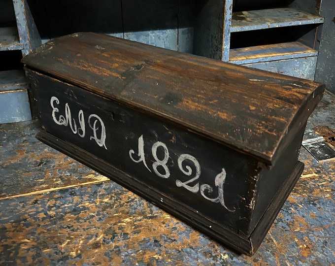 1821 Primitive Antique Norwegian Chest, treasure chest box,pinewood storage trunk, RUSTIC farmhouse style