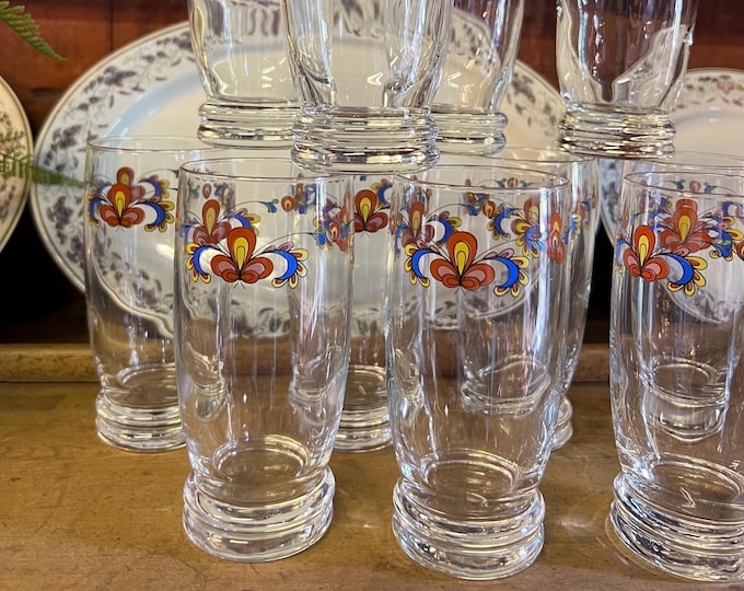RARE 11 pc "Farmers Rose" Drinking glass / milk / beer glass Norwegian Porsgrund design, Scandinavian Christmas table serving, COLLECTIBLE