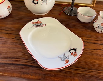 1990s Vintage Porsgrund Nisse butter plate Norwegian design nisse motifs with red rim, Scandinavian design Christmas table serving
