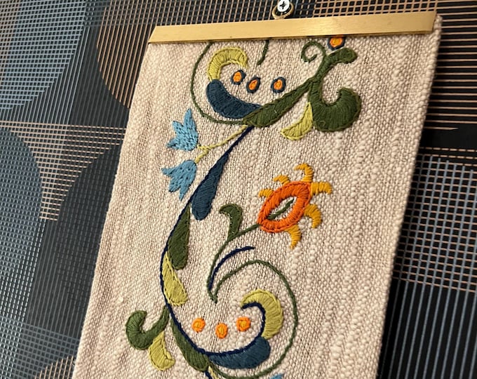 1960/70s Norwegian hand embroidered wall hanging with Rosemaling pattern, wall decor,Norway folk art farmhouse,mid-century modern