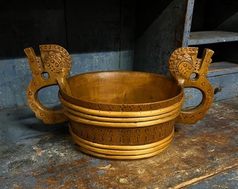18/1900s Museum Quality-Handcrafted Norwegian Ale/beer bowl,Scandinavian folkart, RUSTIC Farmhouse style, Collectible, detailed handcarving