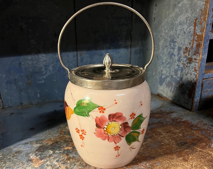 1800s BACCARAT style Opaline glass candy / biscuit / cookie jar with lid and handle, primitive antique hand painted enamelled relief scene