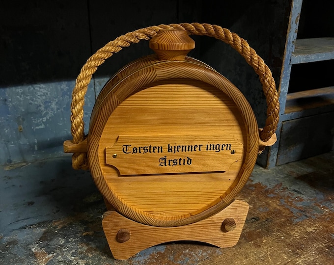 Vintage Norwegian handmade wine barrel/bottle in pinewood with stand. Scandinavian country/farmhouse style interior