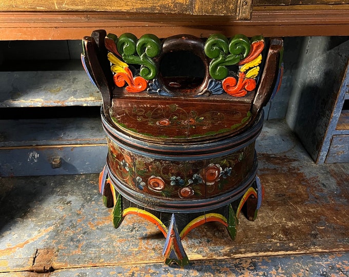 17/1800s Museum piece-antique rosemaling groat / porridge amber / Tine box / butter bucket from Norway, RUSTIC folk art, handcrafted