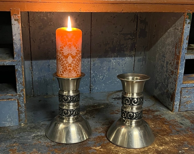 Ca. 1960s Vintage Norwegian Pewter candlestick/tealight holder, baroque style, Rosemaling pattern, Scandinavian Mid Century Modern