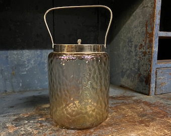 18/1900s rainbow glass candy / biscuit / cookie jar with lid and handle, primitive antique collectible kitchen / home storage box
