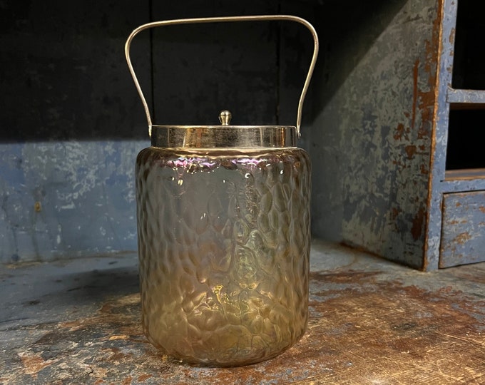 18/1900s rainbow glass candy / biscuit / cookie jar with lid and handle, primitive antique collectible kitchen / home storage box