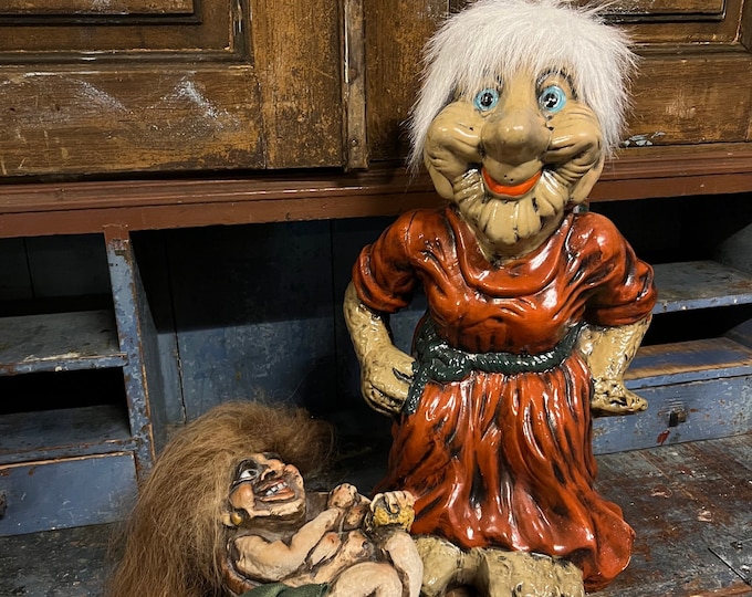 XLarge 47cm TROLL, Handpainted ceramic troll grandma, Vintage Norwegian/Scandinavian  Trollmor cabin/farmhouse/ country style folk art