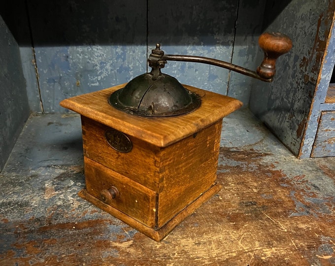 RUSTIC antique coffee grinder, wood / beechwood & iron,  primitive early 1900s, cabin/farmhouse / french country style kitchen decor, patina