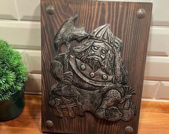 Vintage Viking wall hanging plate, metal relief work on pinewood plate