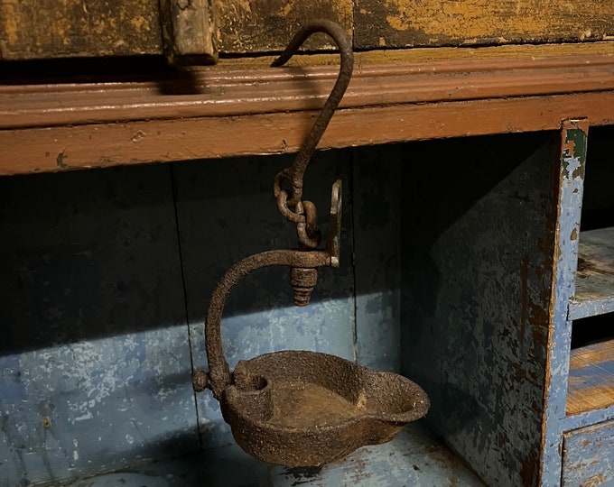 17/1800s RUSTIC oil lamp, Primitive Norwegian antique hanging lamp, Country style/Farmhouse/Cabin, Scandinavian folkart/folk art