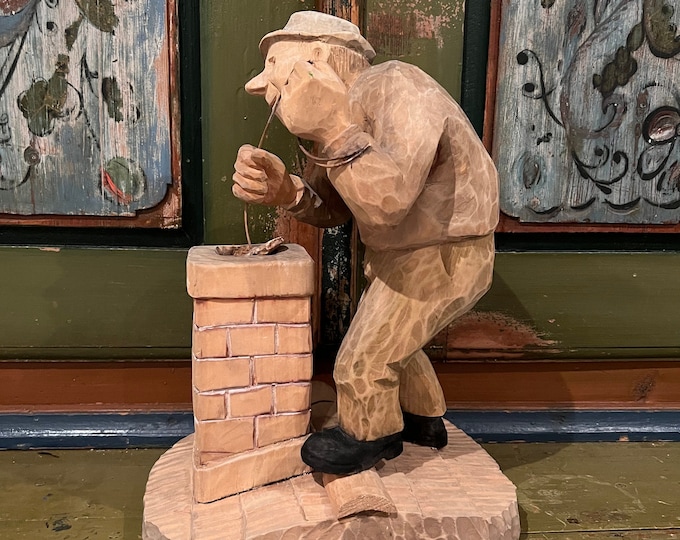Bjarne Walle (1911-89) "Old Man Cleaning Chimney On Roof", artist signed LARGE Norwegian handcrafted sculpture, Scandinavian wood carving