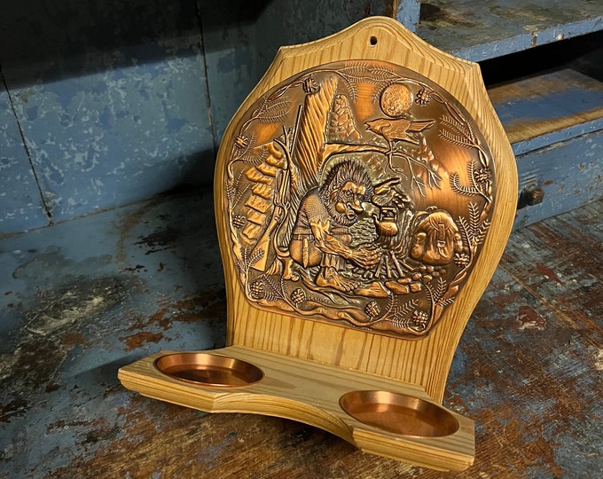 Vintage Norwegian Tea light holder / wall hanging "Troll and Bird" in copper and wood. Norway/Scandinavian folkart
