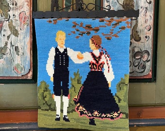 1950/60s Vintage Norwegian home decor hand woven/embroidered wall rug/tapestry wall decor Norway folk art farmhouse, Norwegian bunad dancer