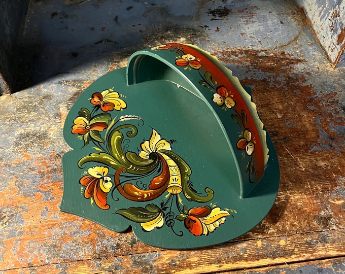 Ca. 1980s Norwegian Rosemaling wall potte/ wall decor/ flower potte, Folkart/Folk Art rose painting, Professionally painted, classic blue