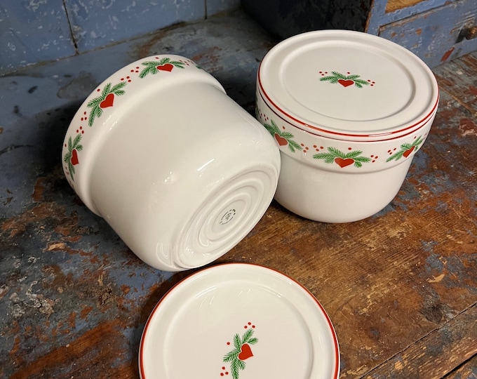 2 SOLD!Rare Porsgrund 'Hearts & Pines' Norwegian design snack / jam /sauce bowl with lid, VTG Scandinavian design Christmas table serving