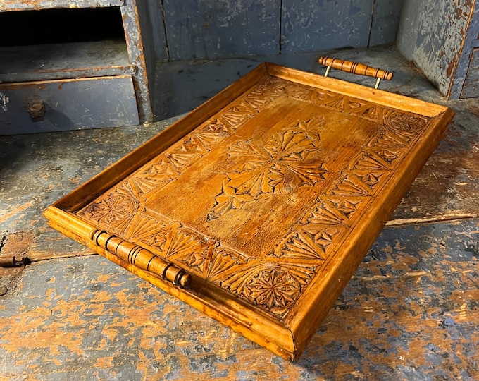 Dated 1900 Norwegian wood carving serving tray with handles, hand crafted table decor from Norway, folk art UNIQUE, Primitive antique