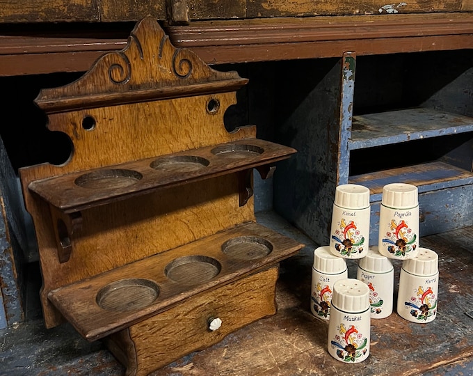 Antique RUSTIC hand crafted wall hanging spice rack/kitchen shelf from Norway, Scandinavian folk Art, Norsk heritage