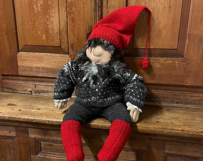 51cm Norwegian hand knitted / handmade doll / santa / Nisse, Telemark folk art, wool hair ,  traditional norsk heritage Christmas decor