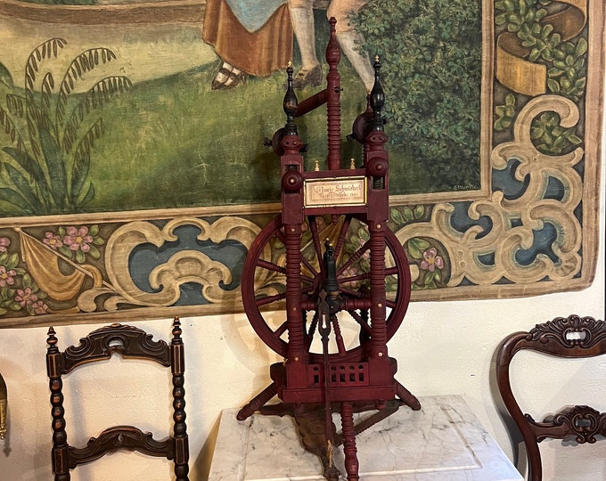 1909 Primitive Antique spinning wheel/yarn winder, Wooden tool, handcrafted rustic folk art, museum quality collectible