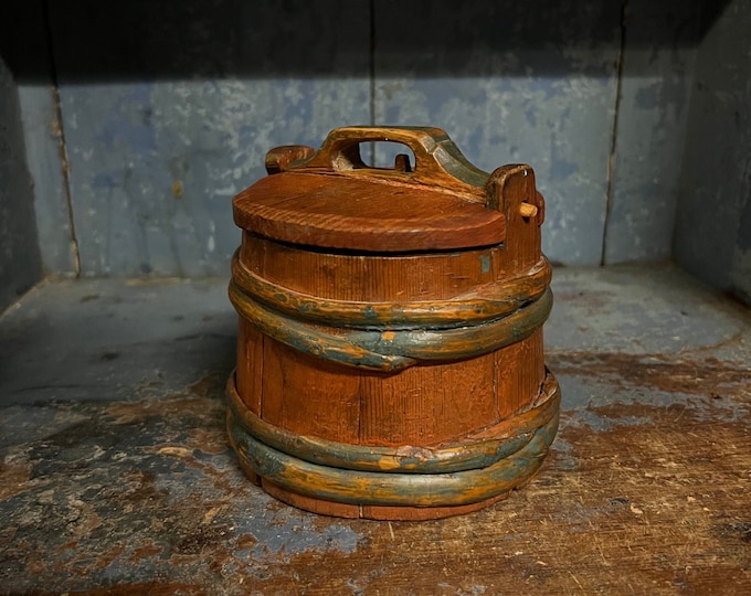 Dated 1835 Antique RUSTIC butter bucket / amber/Jug box from Norway, Primitive Norwegian kitchen storage, Handmade/ handcrafted, Collectible