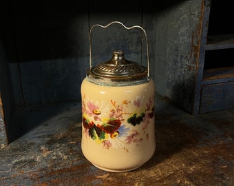 1800s BACCARAT style Opaline glass candy / biscuit / cookie jar with lid and handle, primitive antique hand painted enamelled relief scene