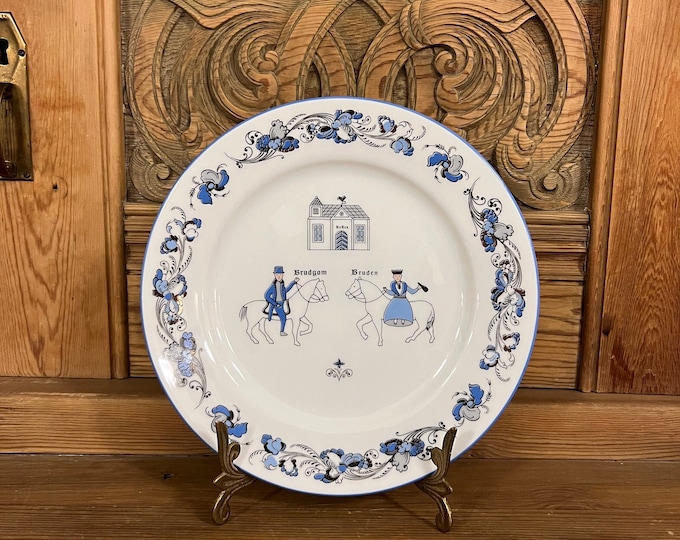 Wedding gift-Norwegian Nordic pattern plate, RARE SCENE, traditional Norwegian folk art, Groom - Bride-Church. Collectible