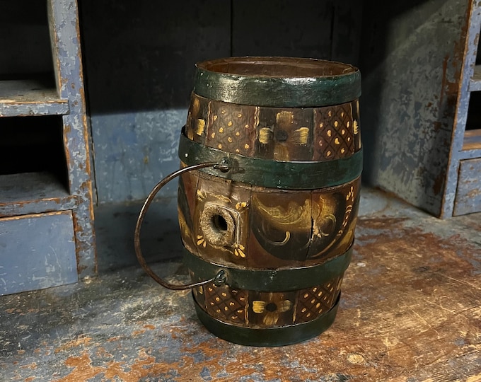 1800s antique Norwegian/Scandinavian wine barrel/bottle in oak with Rosemaling, Primitive, Collectible