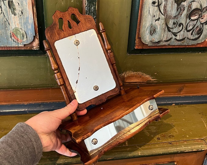 1800s Antique Shaving mirror, Barber Shelf, Table Vanity, ART NOUVEAU / Jugend style, handcrafted mahogany / birchwood, RUSTIC, patina