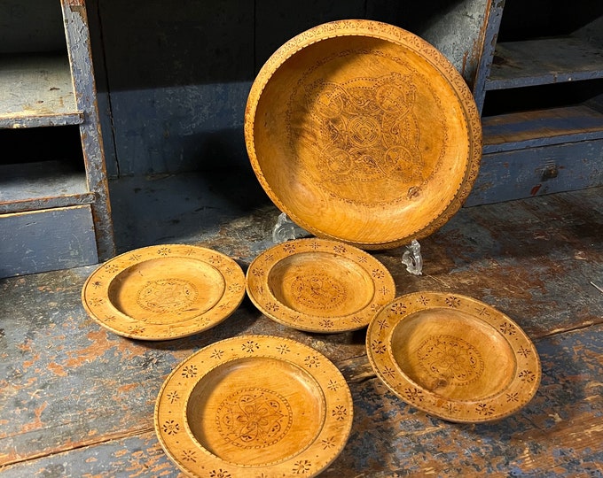 Vintage Norwegian Bowl+Plates with scorched flower pattern, RUSTIC antique from Norway, folk art, handmade / handcrafted table serving
