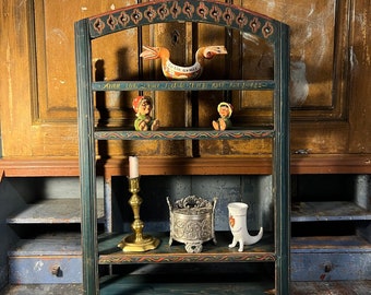 Dated 1842 Norwegian wall hanging Shelf with original painting, Scandinavian primitive Antique, Rustic, country style cabin/farmhouse