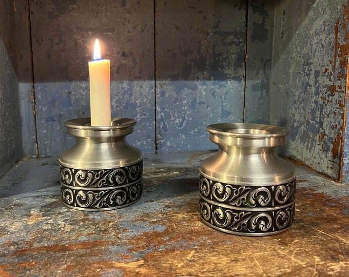 Ca. 1960s Vintage Norwegian Pewter candlestick/tealight holder, baroque style, Rosemaling pattern, Scandinavian Mid Century Modern
