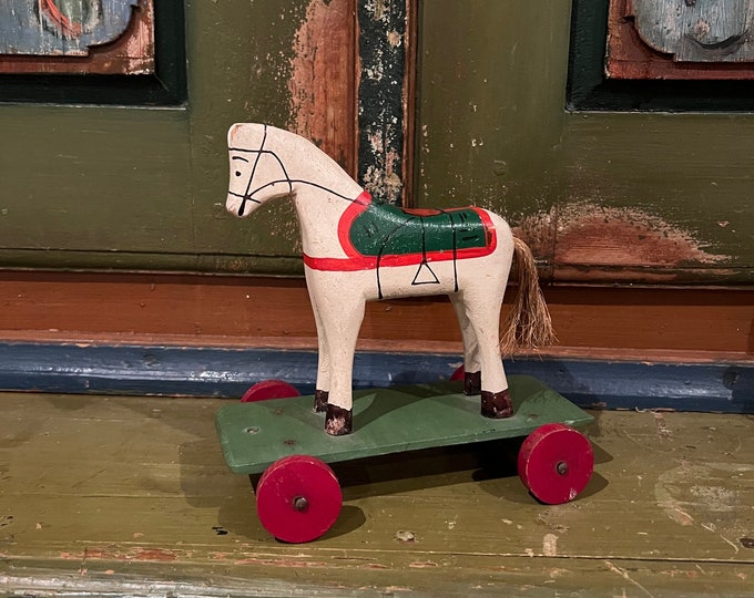 1930/40s handcrafted horse figur toy,Hand Carved Antique Wooden Horse on Wheels, Norwegian handmade and painted folk art, naive RUSTIC decor