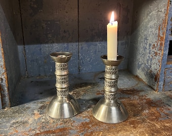 Ca. 1960s Vintage Norwegian Pewter candlestick/tealight holder, baroque style, Rosemaling pattern, Scandinavian Mid Century Modern